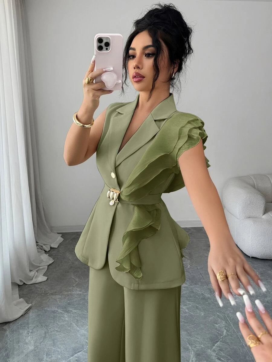 Ženski elegantni letnji luksuzni set -blejzer sa volanim kragnom i vezivanjem u struku uz pantalone