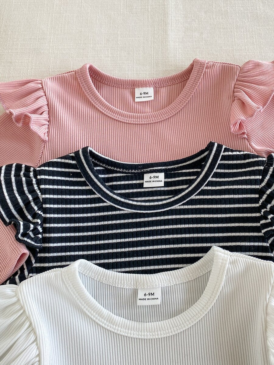 3 kom/set dečijih majica za devojčice, roze i bela prugasta, jesenja, slatka
