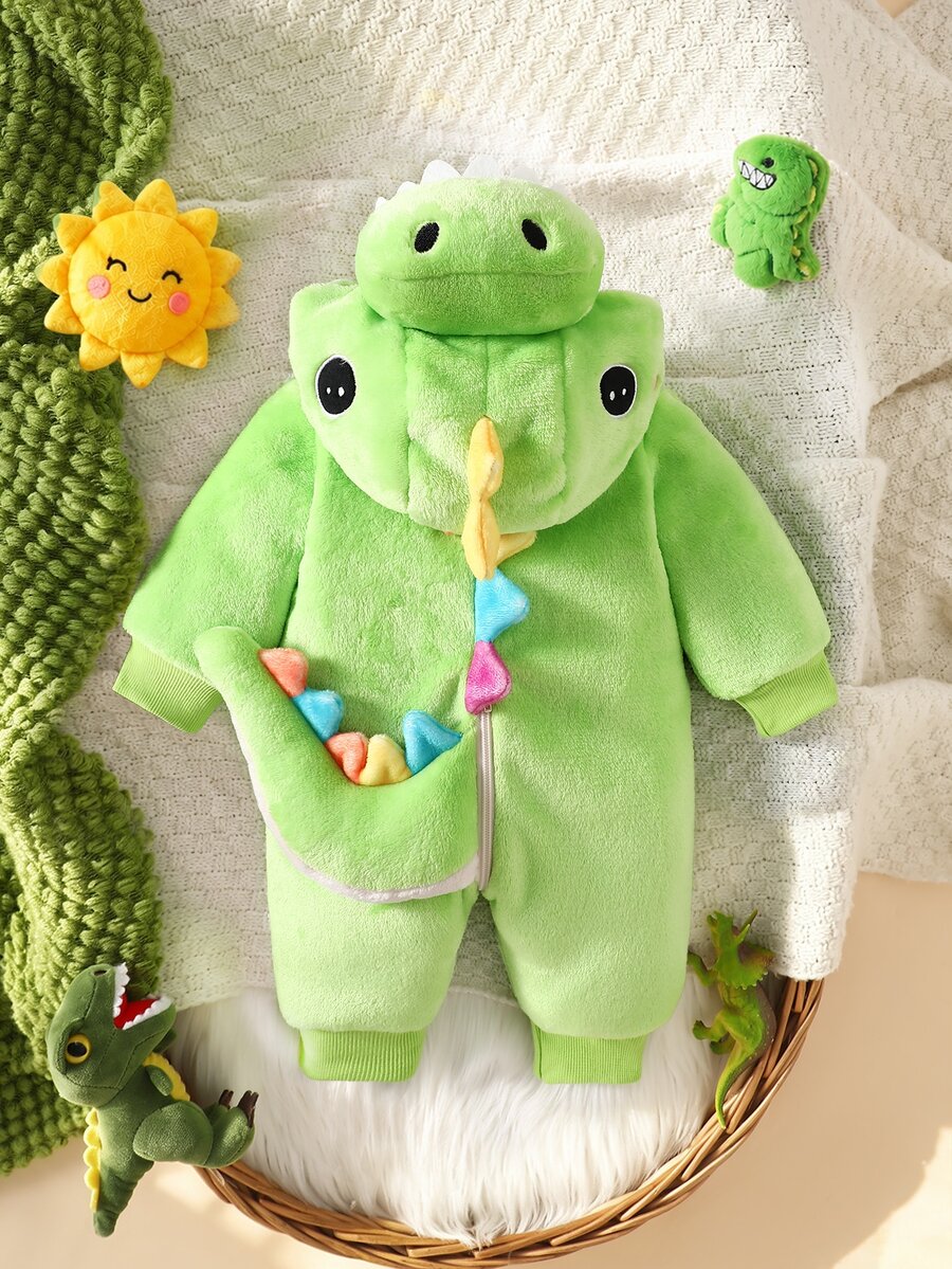 Bebi kombinezon sa kapuljačom, limeta zelena, 3D rep dinosauraura sa bodljama i zubima, dugi rukavi
