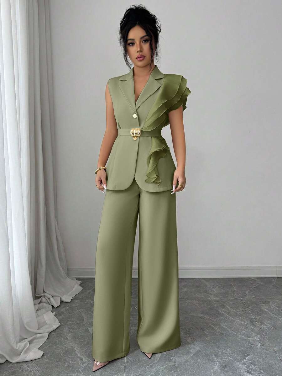Ženski elegantni letnji luksuzni set -blejzer sa volanim kragnom i vezivanjem u struku uz pantalone