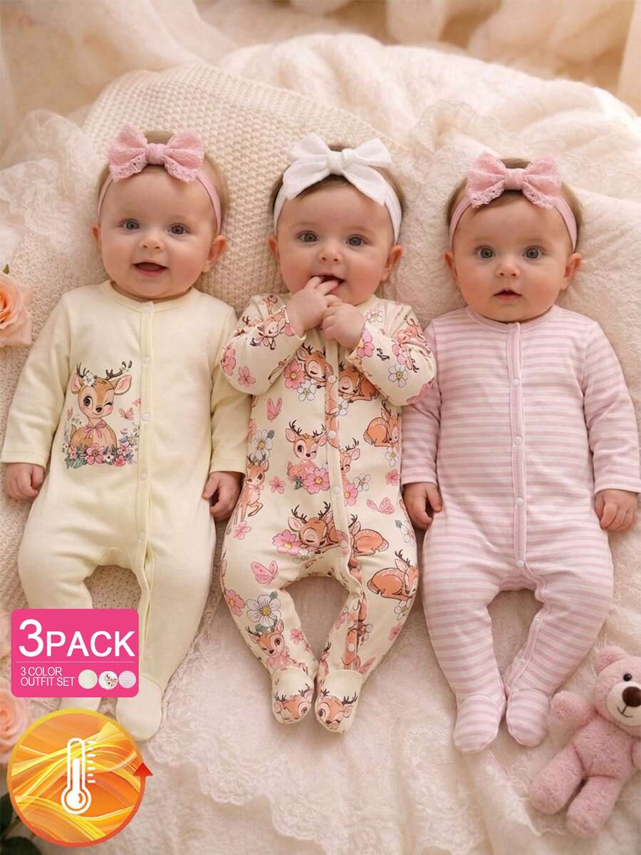 3 komada dečijih kombinezona za devojčice, slatki i nežni, roze i krem, rebrasti sa printom višnje