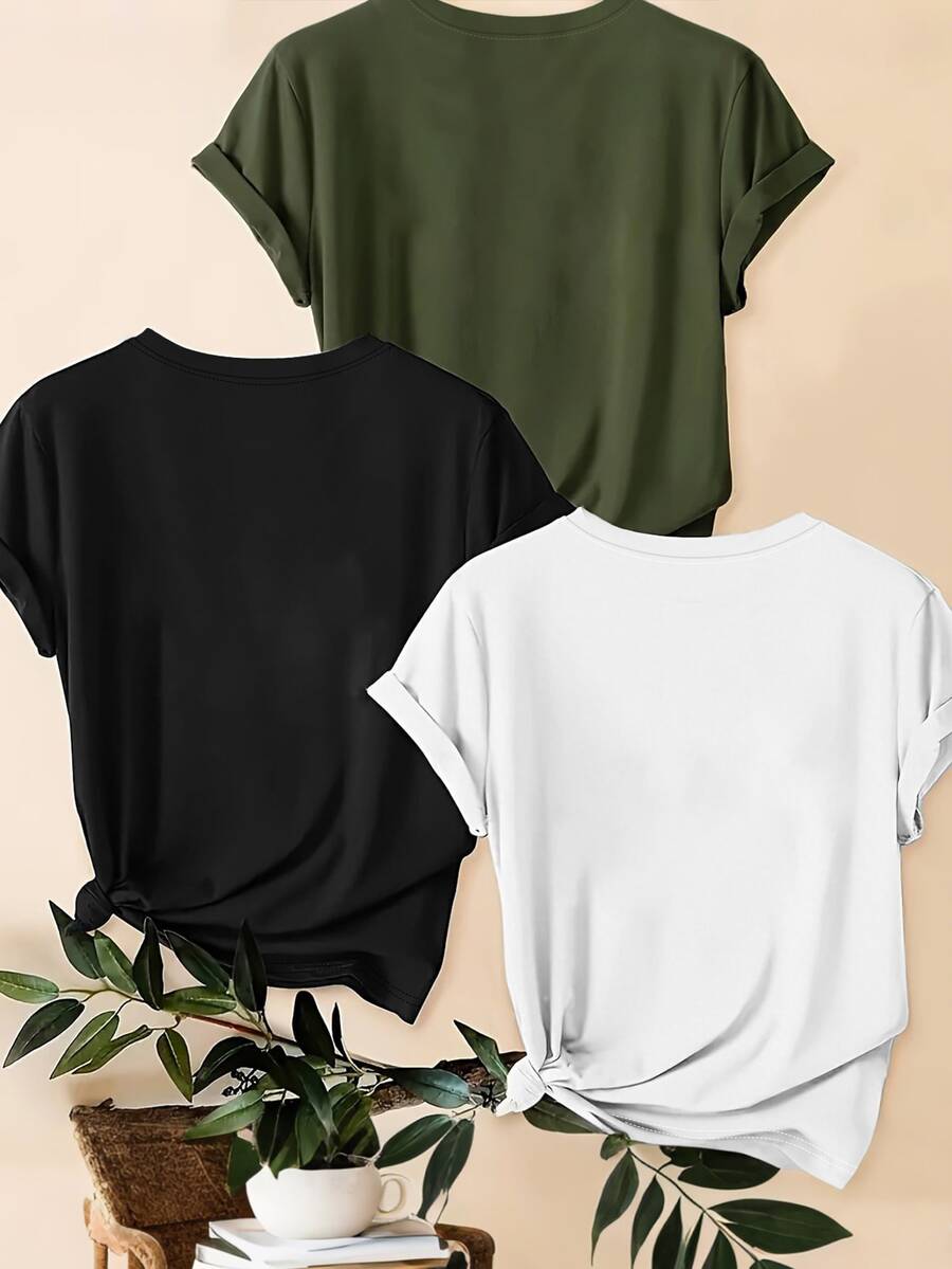3 kom/set letnjih majica: ležerna majica plus size sa leopard printom, srcem i slogan grafikom