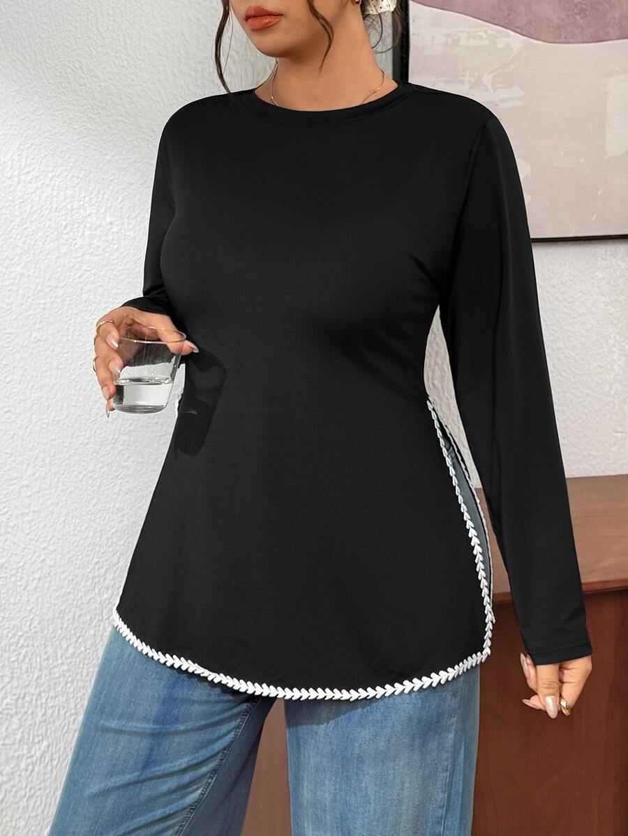 Ženska prugasta pletena bluza plus size sa okruglim izrezom