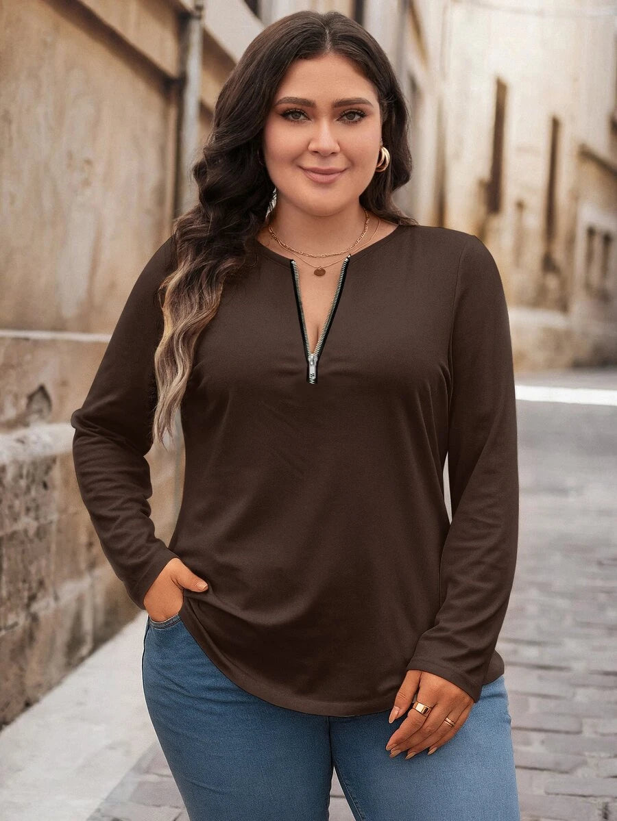 Bluza plus size, širokog kroja, sa polu-ziperom, okruglim izrezom i dugim rukavima