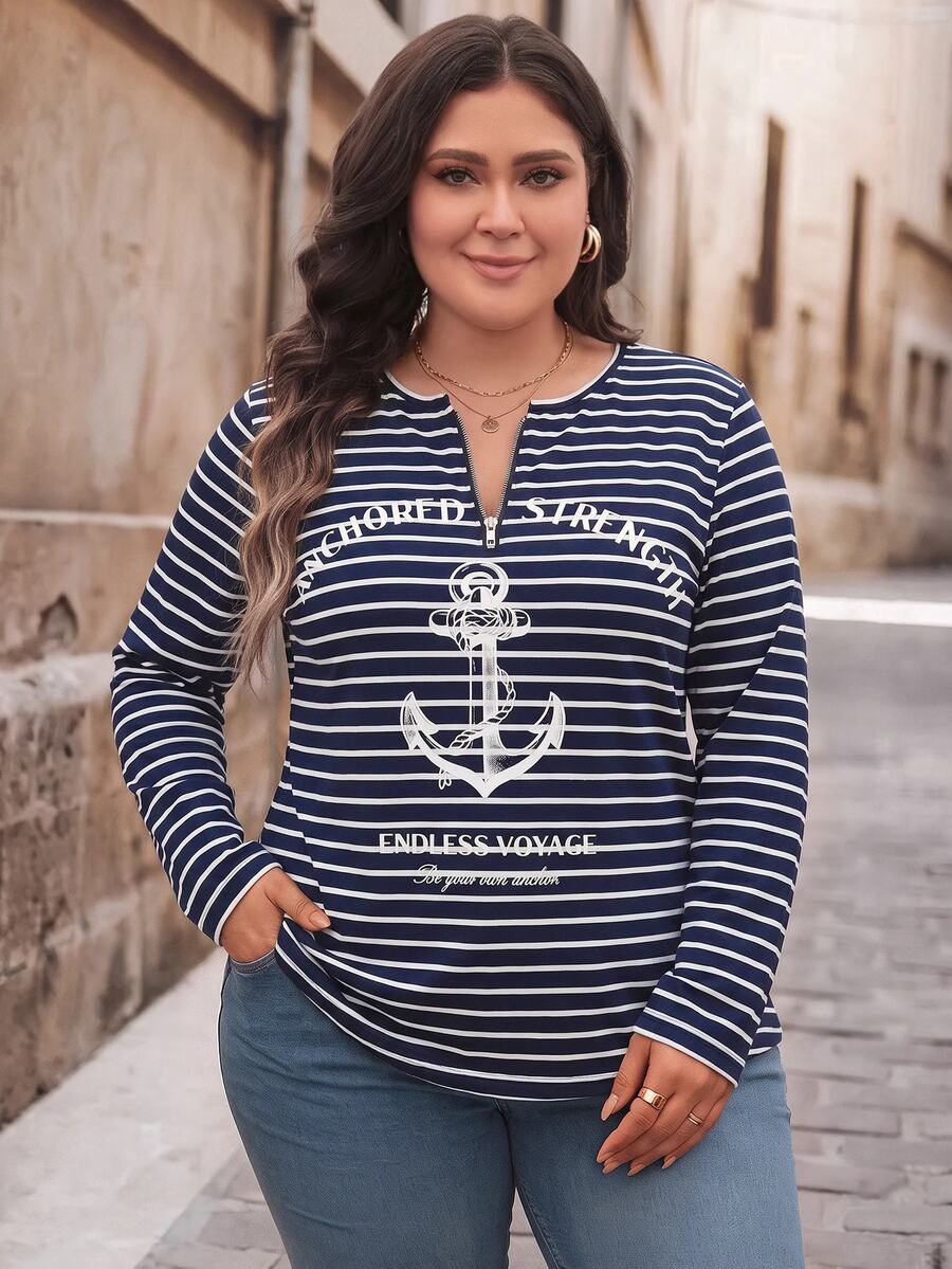 Bluza plus size, širokog kroja, sa polu-ziperom, okruglim izrezom i dugim rukavima