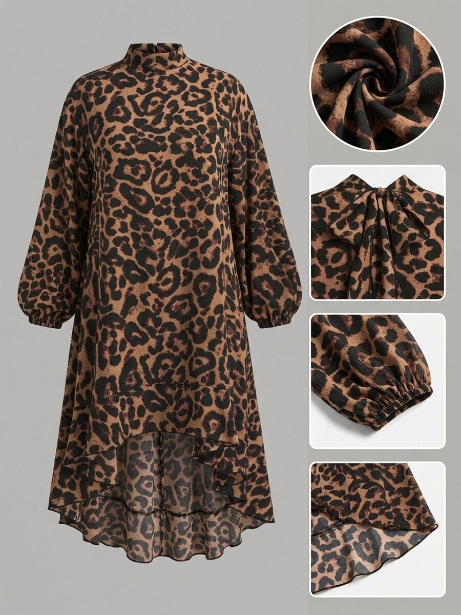 Haljina sa leopard printom, asimetričnim donjim delom, balon rukavima i kariranom ivicom