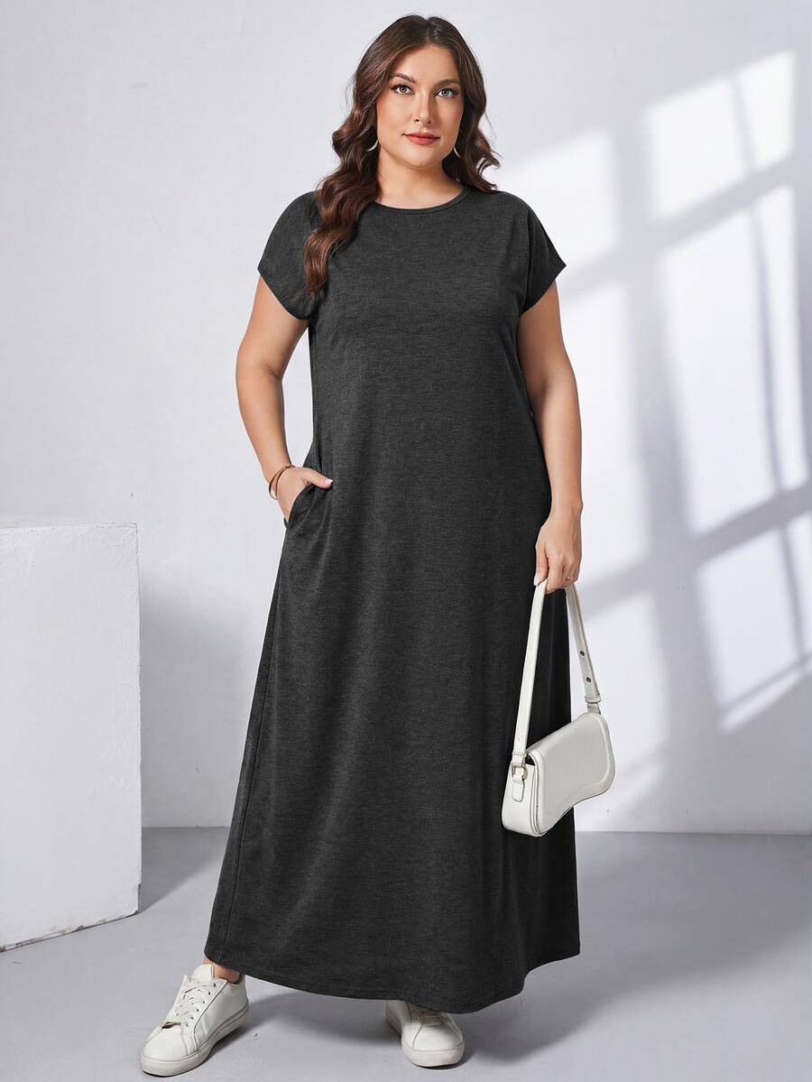 Ženska ležerna haljina plus size, jednobojna, sa okruglim izrezom, kratkim rukavima i džepom