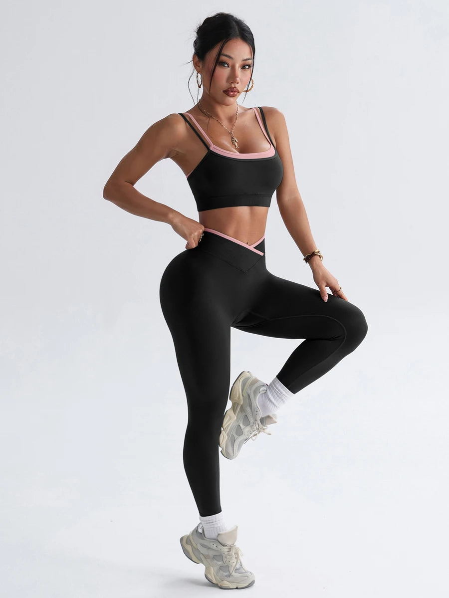 Bešavni ženski set za fitnes i svaki dan, visoko elastičan, sportski, sa efektom zatezanja struka i podizanja zadnjice