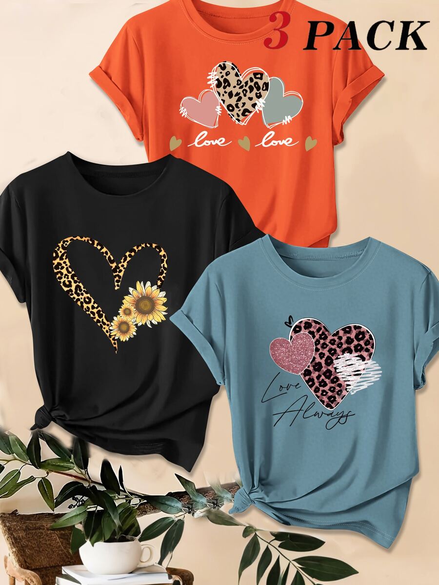 3 kom/set letnjih majica: ležerna majica plus size sa leopard printom, srcem i slogan grafikom