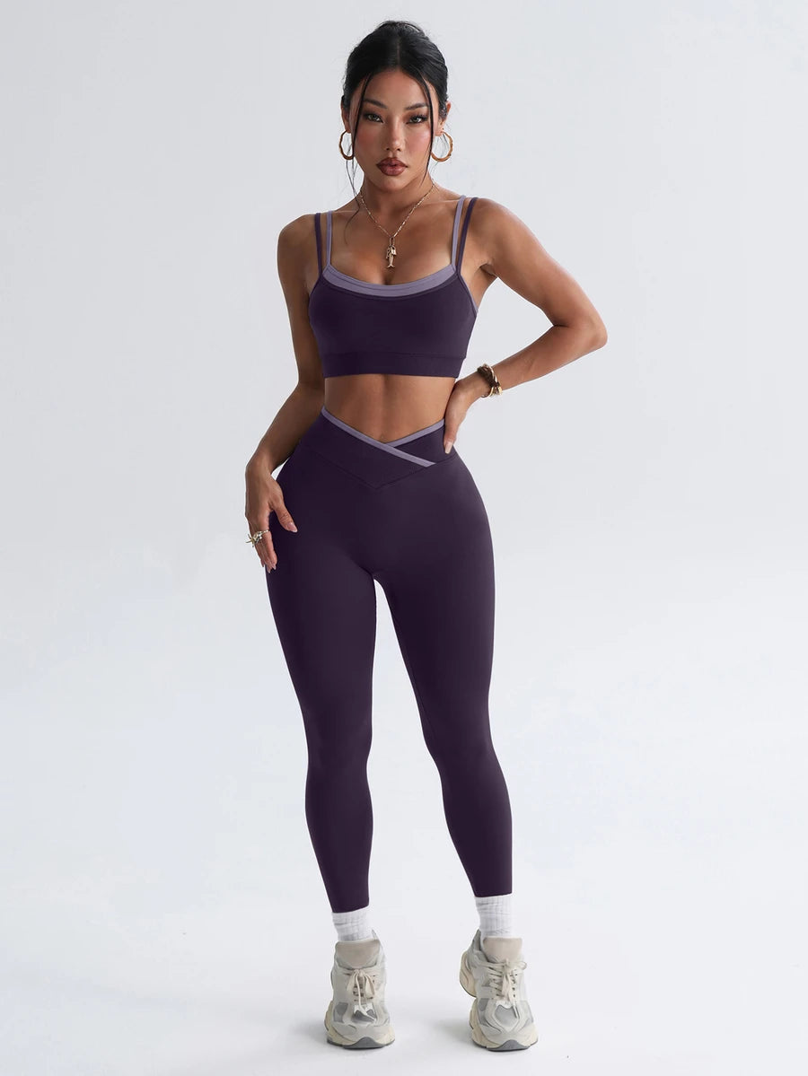 Bešavni ženski set za fitnes i svaki dan, visoko elastičan, sportski, sa efektom zatezanja struka i podizanja zadnjice