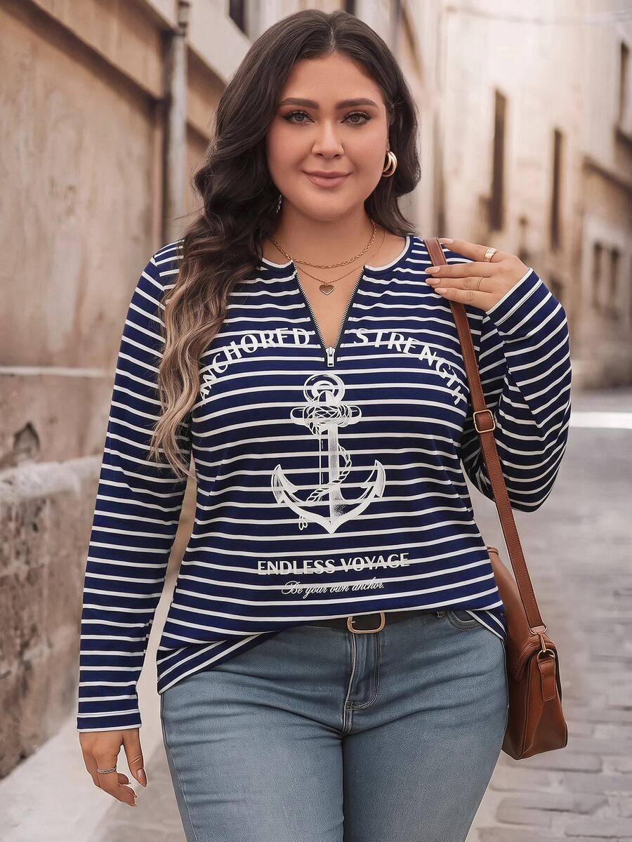 Bluza plus size, širokog kroja, sa polu-ziperom, okruglim izrezom i dugim rukavima
