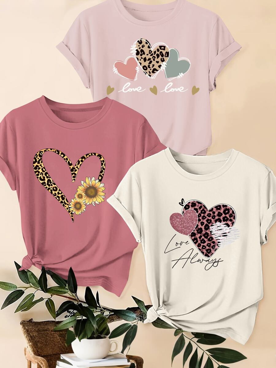 3 kom/set letnjih majica: ležerna majica plus size sa leopard printom, srcem i slogan grafikom