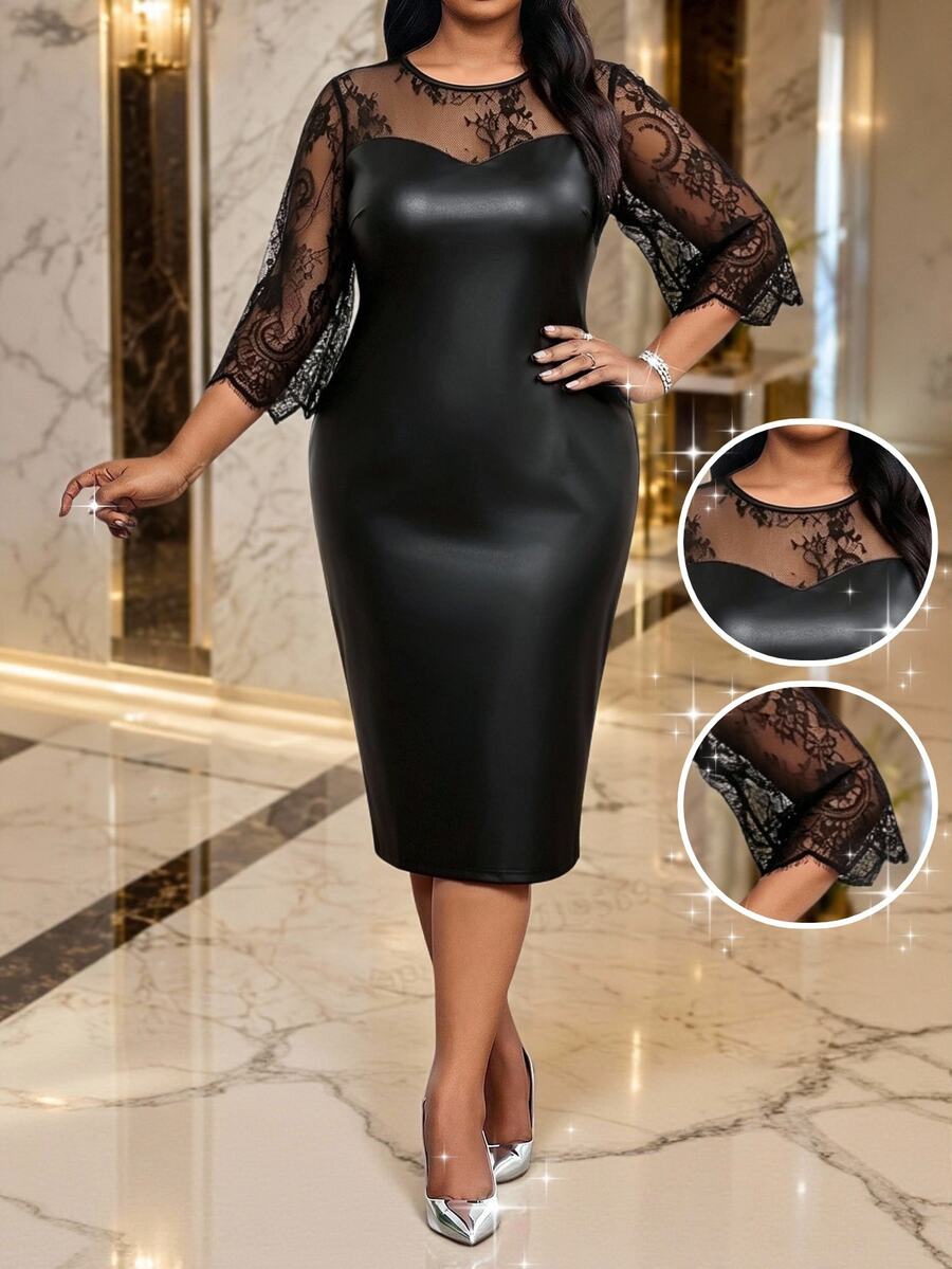 Elegantna crna midi haljina od čipke za žene, plus size, sa 3/4 rukavima