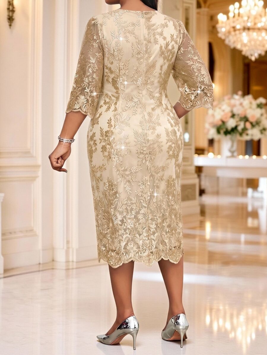 Elegantna crna midi haljina od čipke za žene, plus size, sa 3/4 rukavima