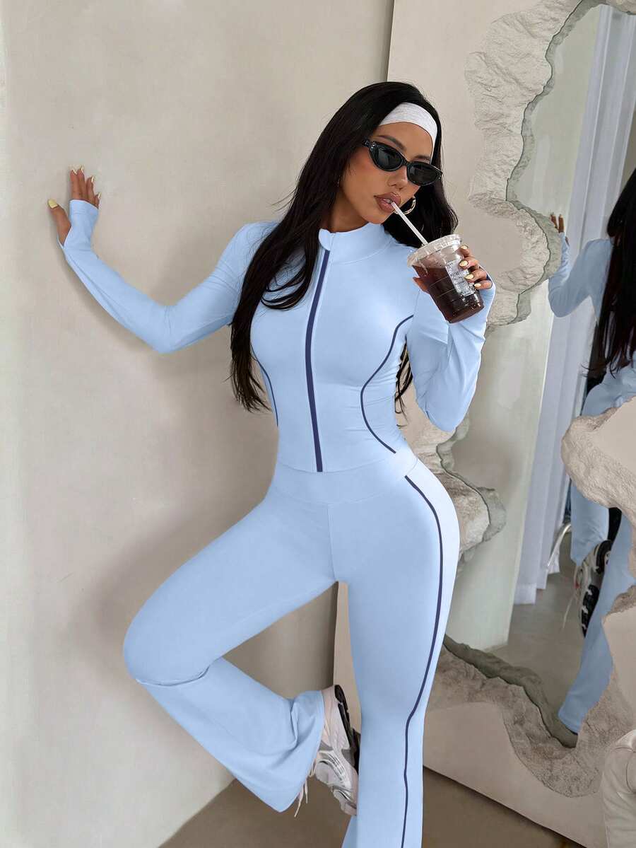 Ženski sportski set od 2 komada  jakna sa kontrastnim prugama i pantalone sa visokim strukom