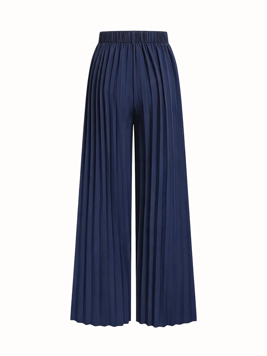 Ženske Elegantne Pantalone sa Kaišem – Ravni Kroj, Teget Plava, Prirodni Struk