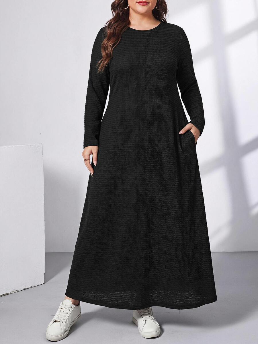 Ženska ležerna haljina plus size, jednobojna, sa okruglim izrezom, kratkim rukavima i džepom