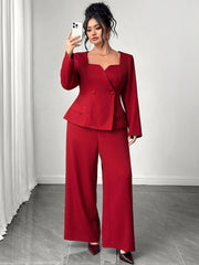 Ženski komplet odelo plus size sa blejzer topom dugih rukava i drapiranim širokim pantalonama