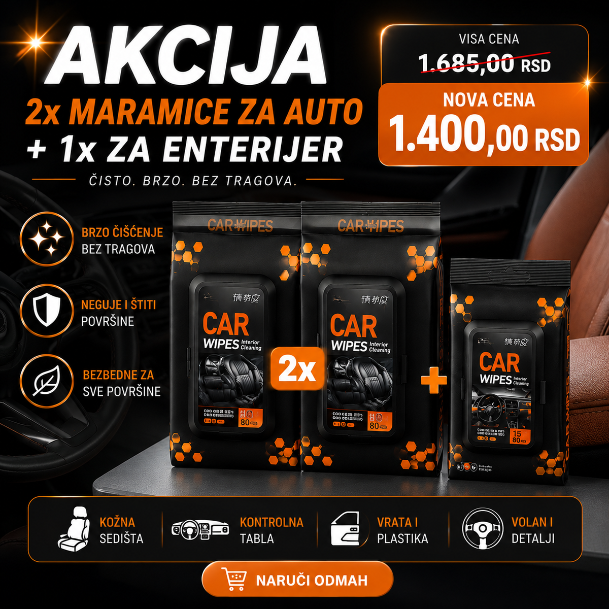 VLAŽNE MARAMICE - AKCIJA 2x maramice za auto + 1x za enterijer